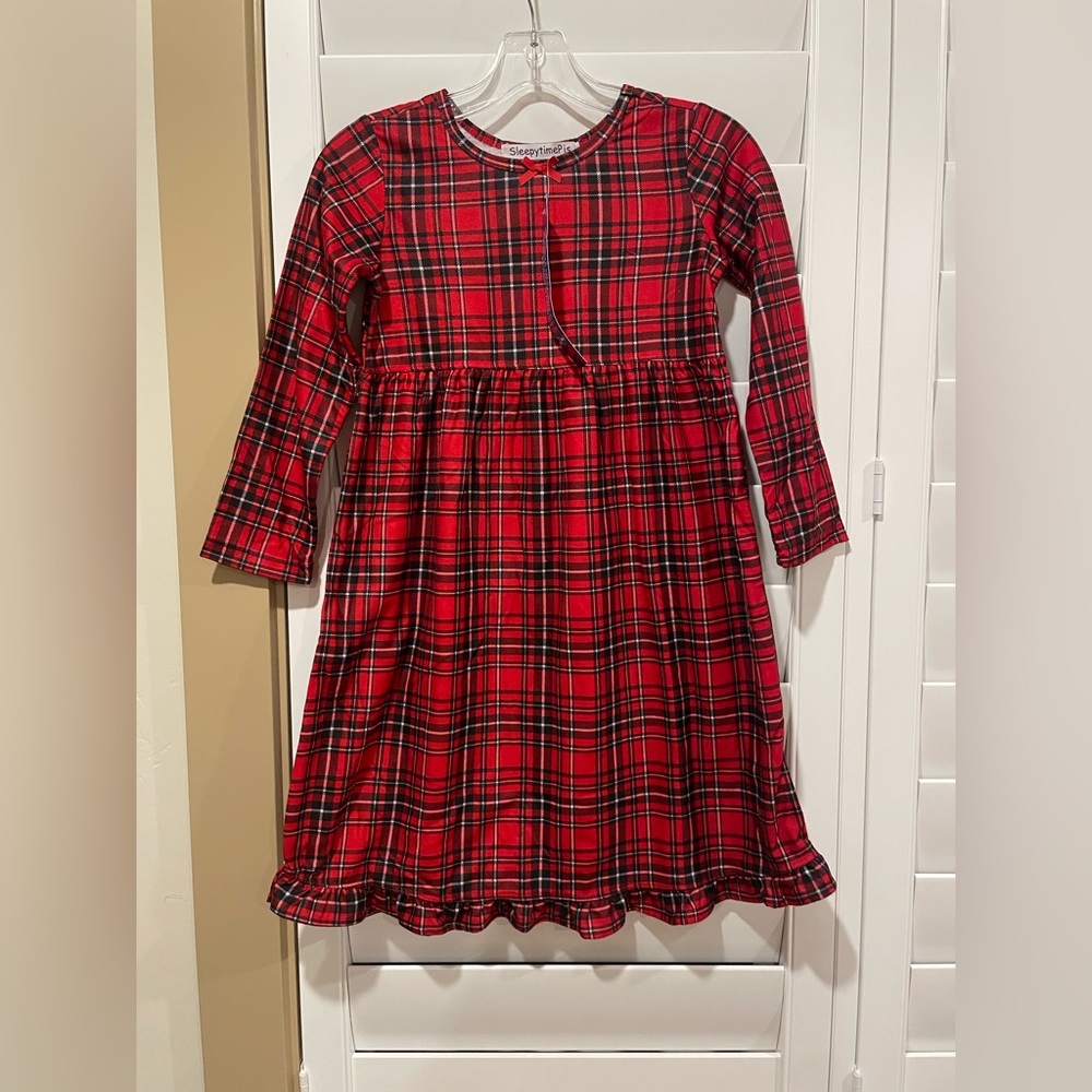 Girls' Red Plaid Long Sleeve Ruffle-Hem Dress